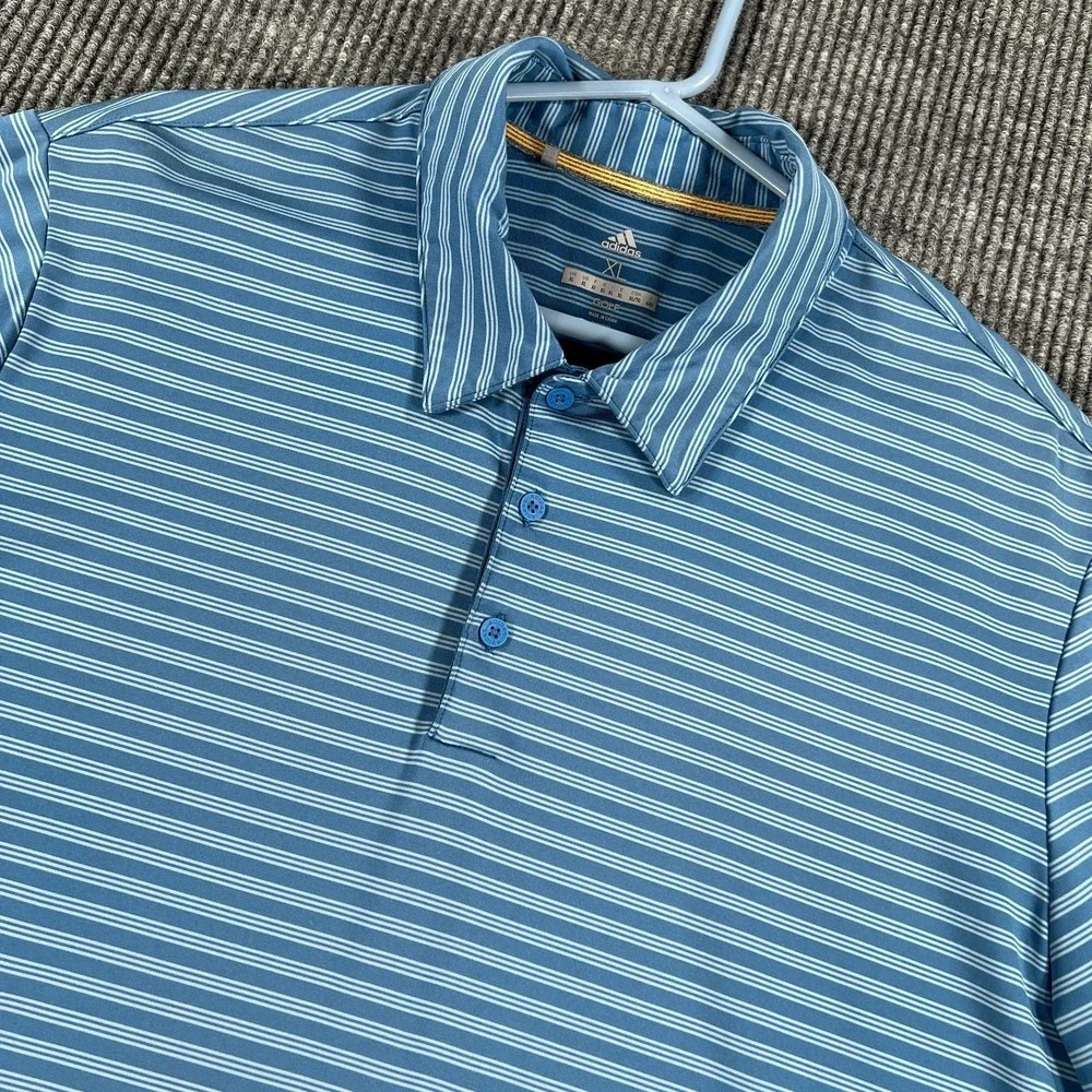 Adidas Polo Shirt Mens XL Extra Large Blue‎ Striped Golf Performance Outdoor
